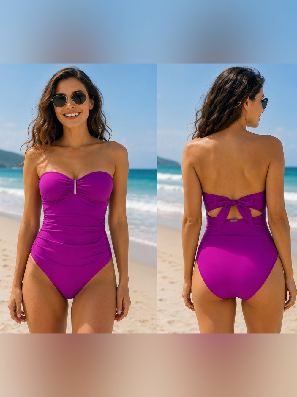 Calvin Klein Magenta Bandeau One-Piece Swimsuit Ruched Tummy Control Halter 12